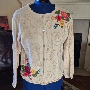 ColdwaterCreek:Vintage 1990s Beautiful Floral Embroidered Cardigan (1680A) Sz.L.